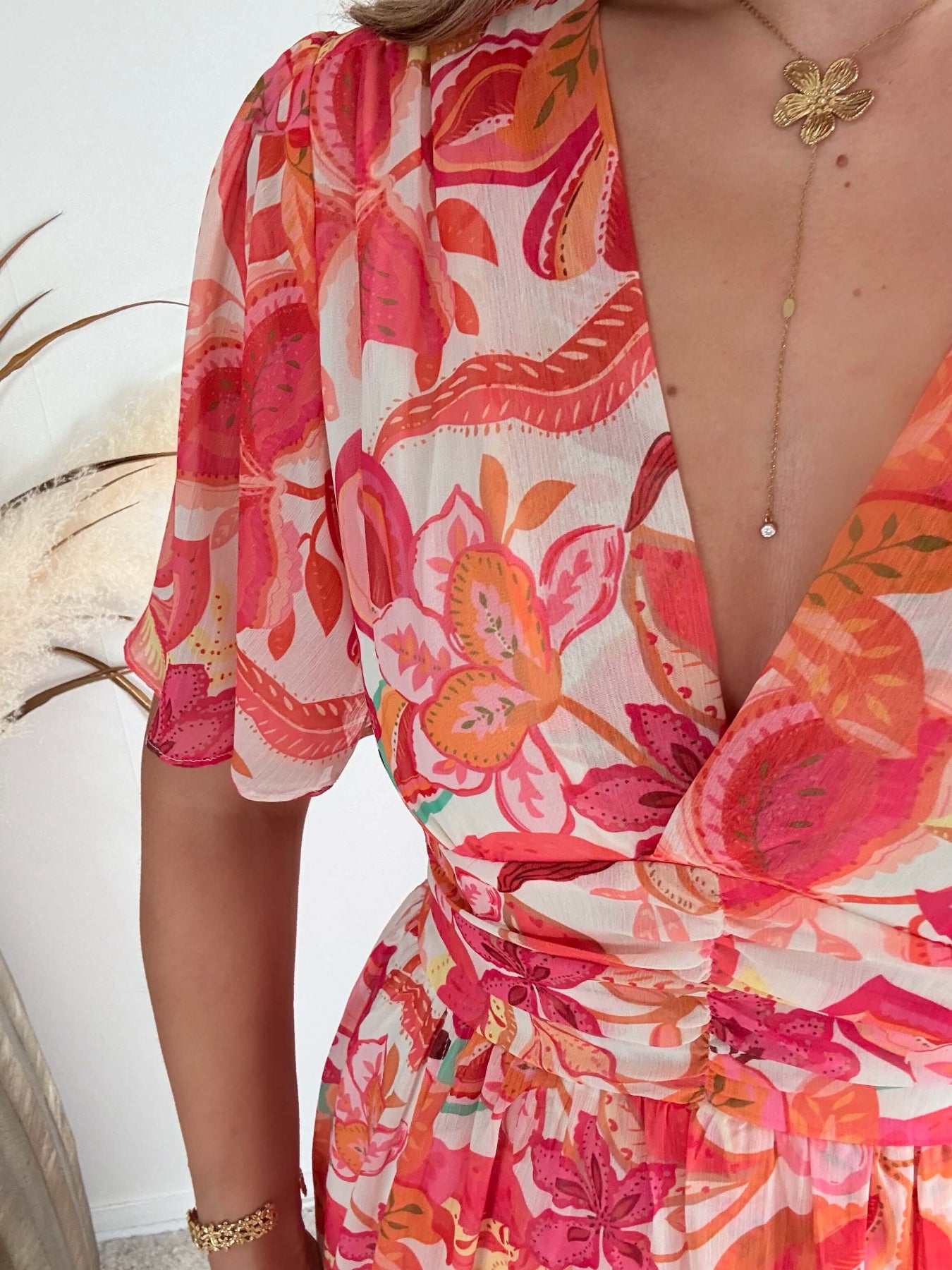 Robe longue fleurie corail Tina fluide fendue élégante Easy Dressing