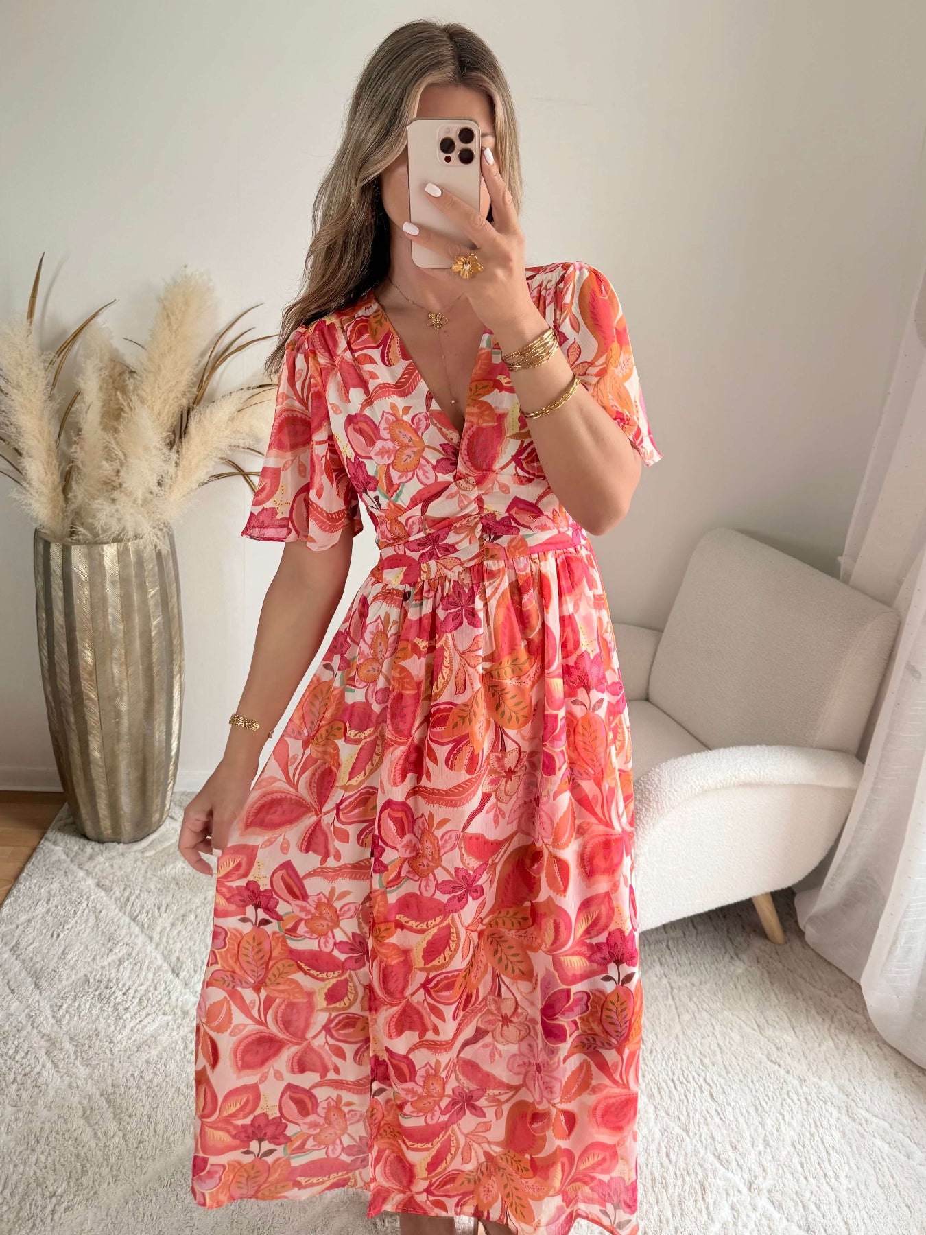 Robe longue fleurie corail Tina fluide fendue élégante Easy Dressing