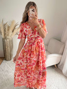 Robe longue fleurie corail Tina fluide fendue élégante Easy Dressing
