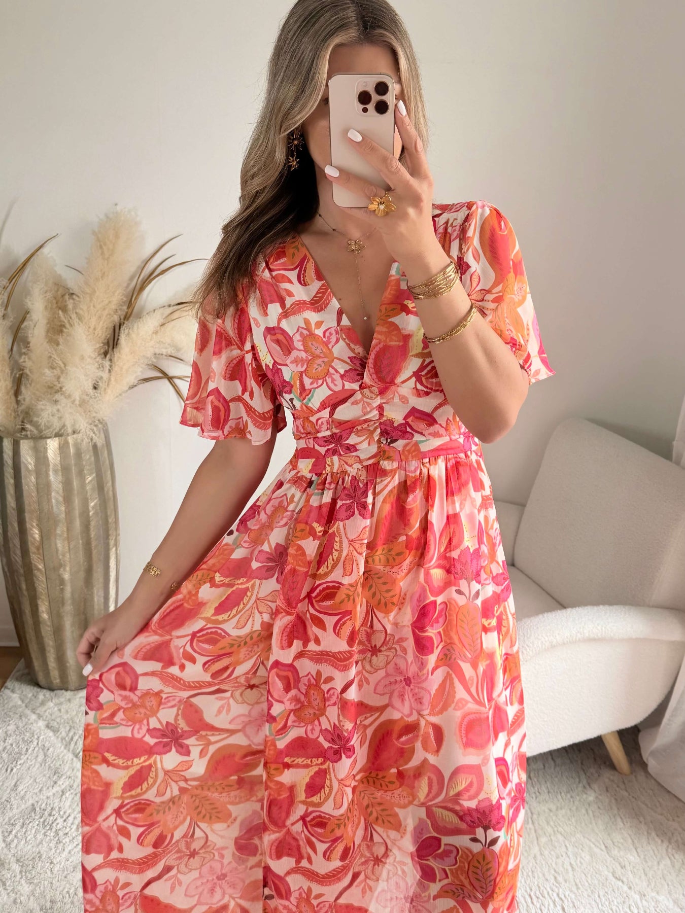 Robe longue fleurie corail Tina fluide fendue élégante Easy Dressing