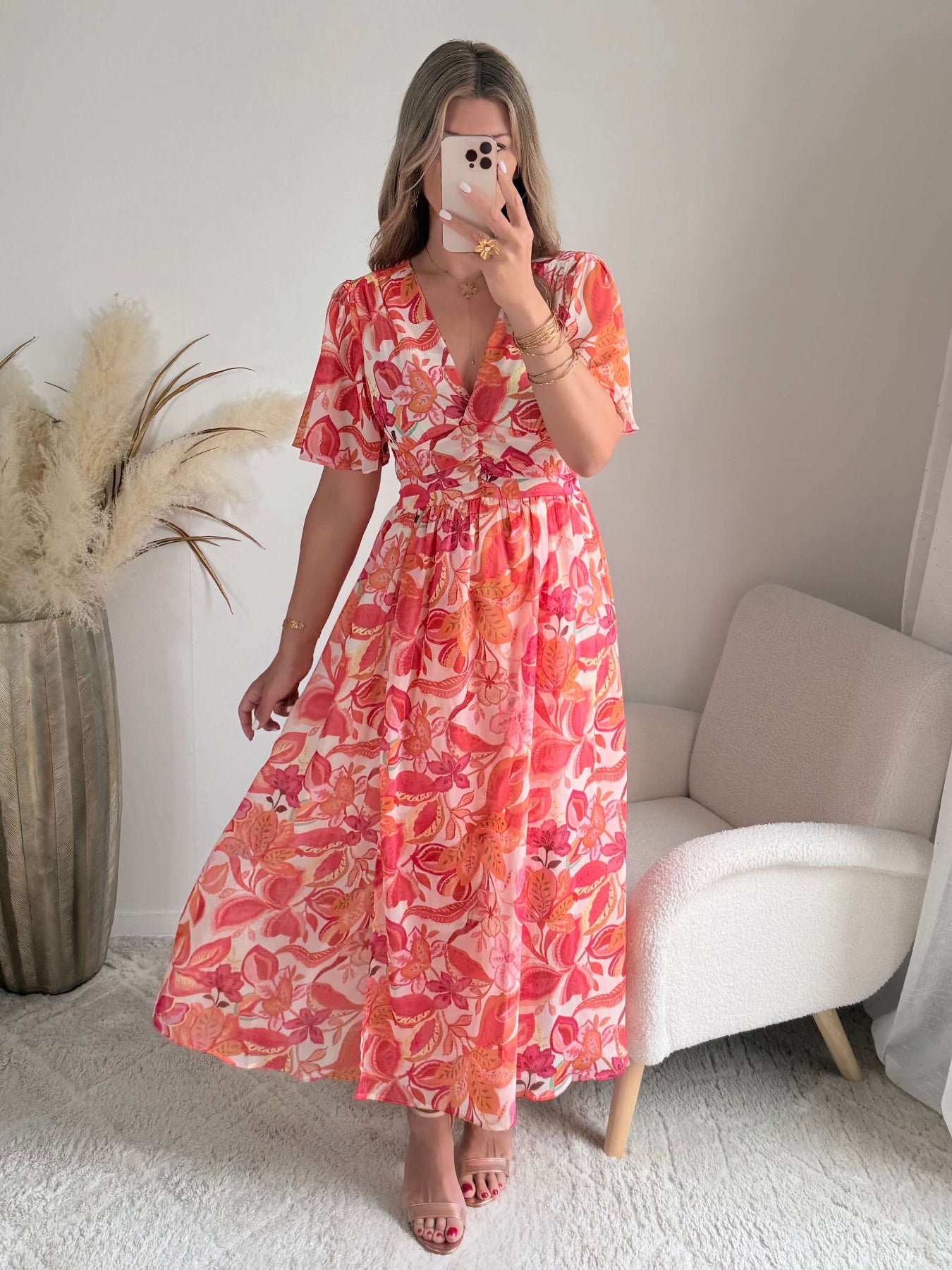 Robe longue fleurie corail Tina fluide fendue élégante Easy Dressing
