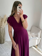 Robe longue prune élégante fluide manches courtes et fente sur la jambe Severina