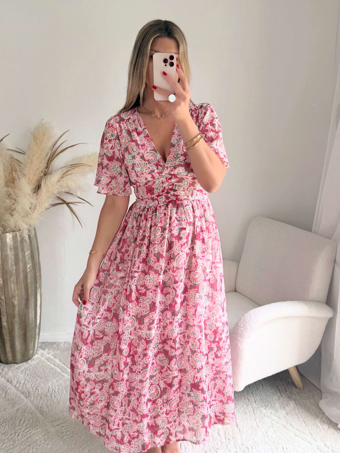 Robe longue rose imprimée bohème Giulietta avec manches fluides et décolleté cache-cœur du S au 4XL.