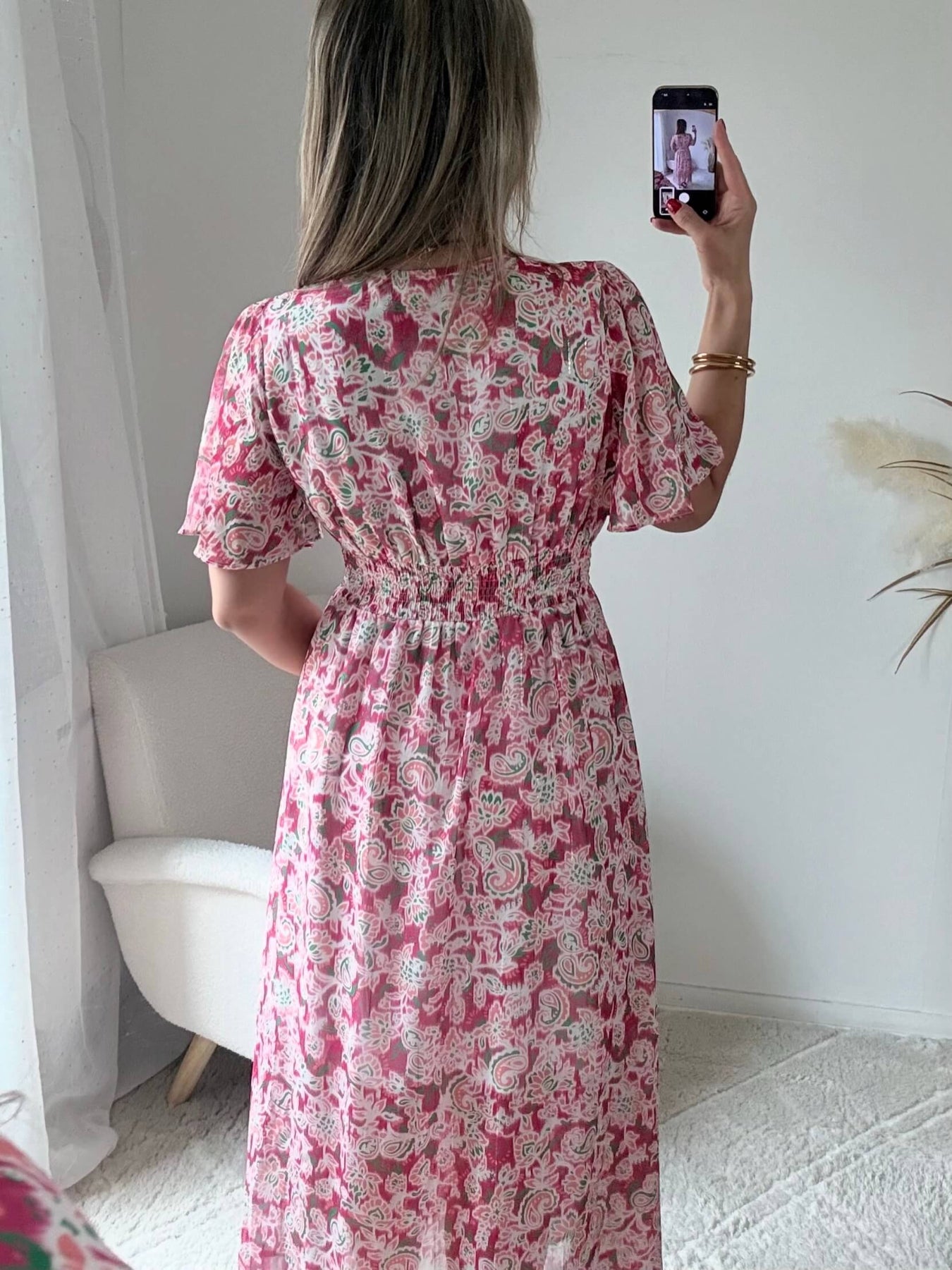 Robe longue rose imprimée bohème Giulietta avec manches fluides et décolleté cache-cœur du S au 4XL.