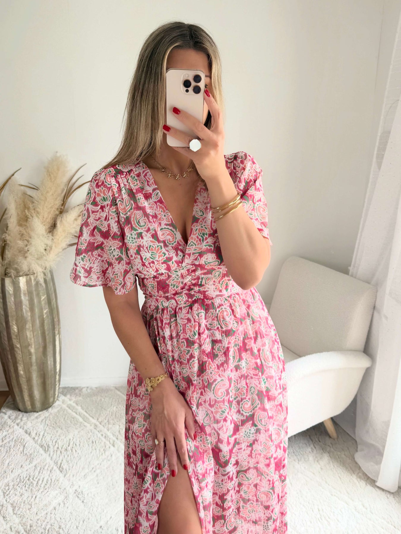 Robe longue rose imprimée bohème Giulietta avec manches fluides et décolleté cache-cœur du S au 4XL.