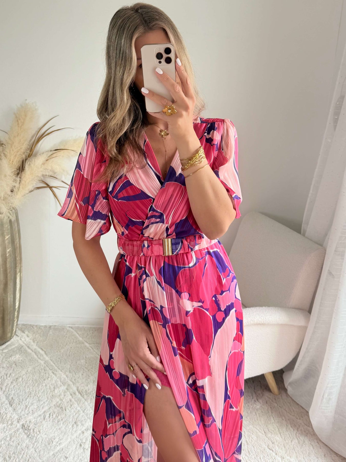 Robe longue rose prune fluide fendue femme élégante Easy Dressing