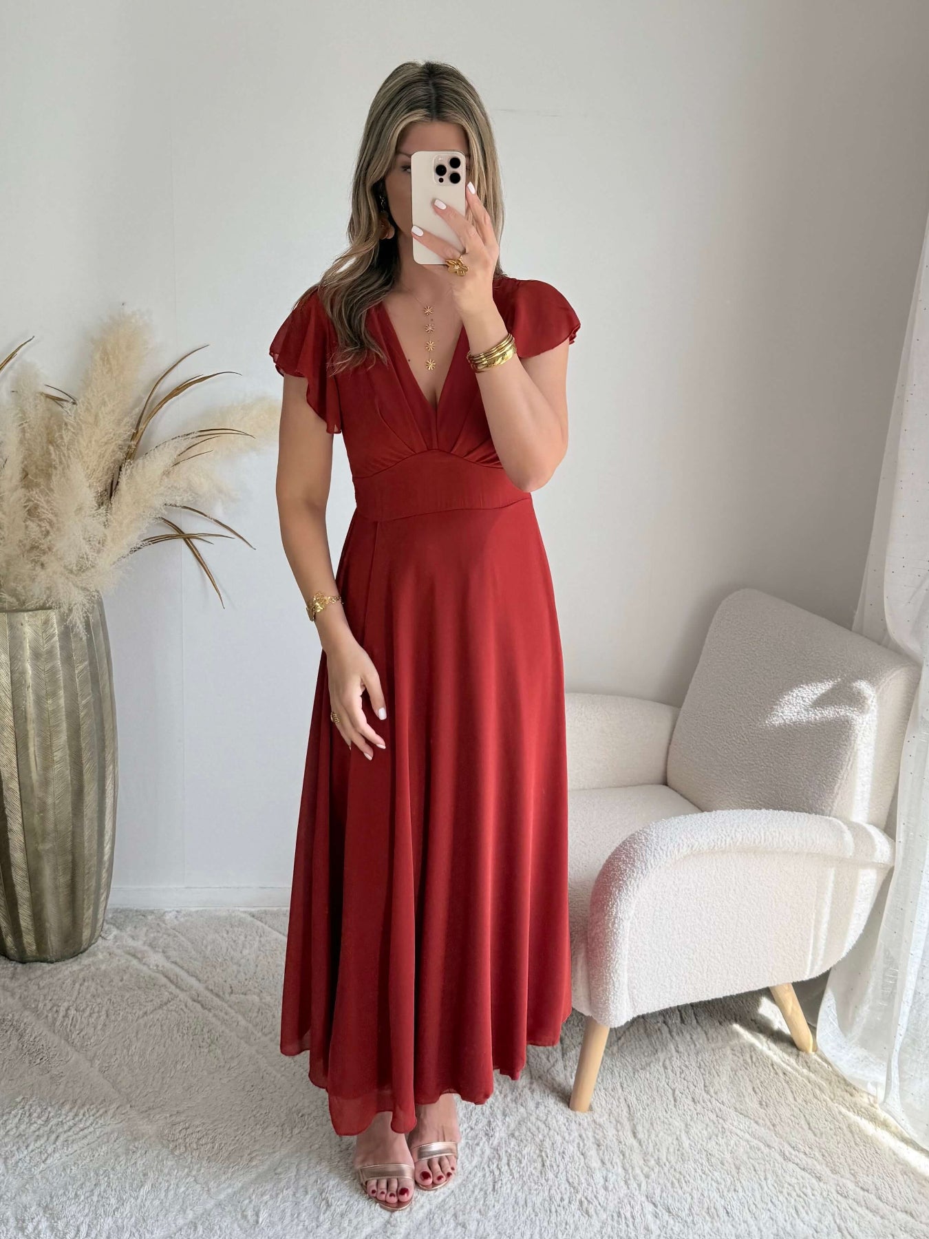 Robe longue terracotta élégante fluide manches courtes et fente sur la jambe Severina