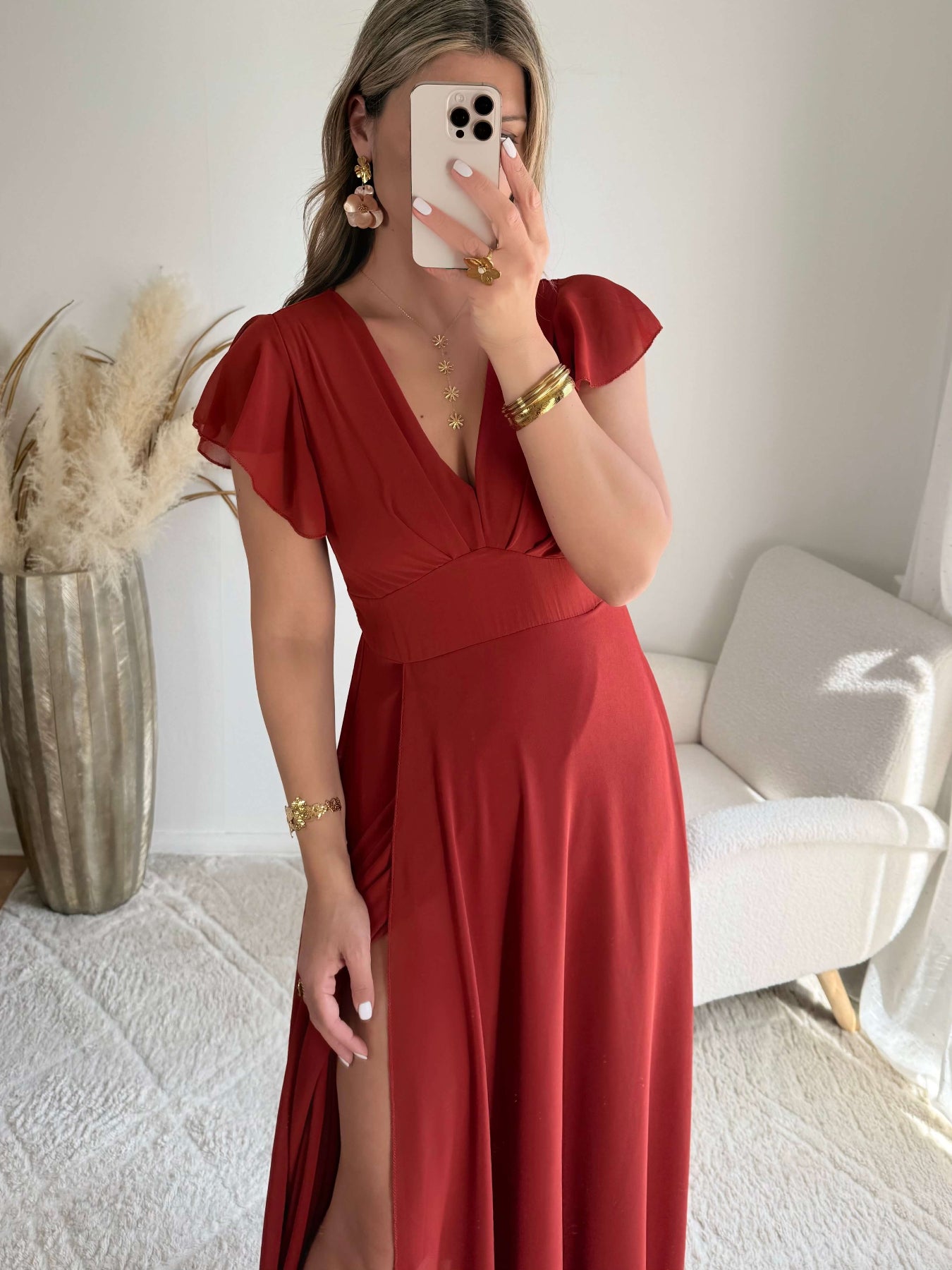 Robe longue terracotta élégante fluide manches courtes et fente sur la jambe Severina