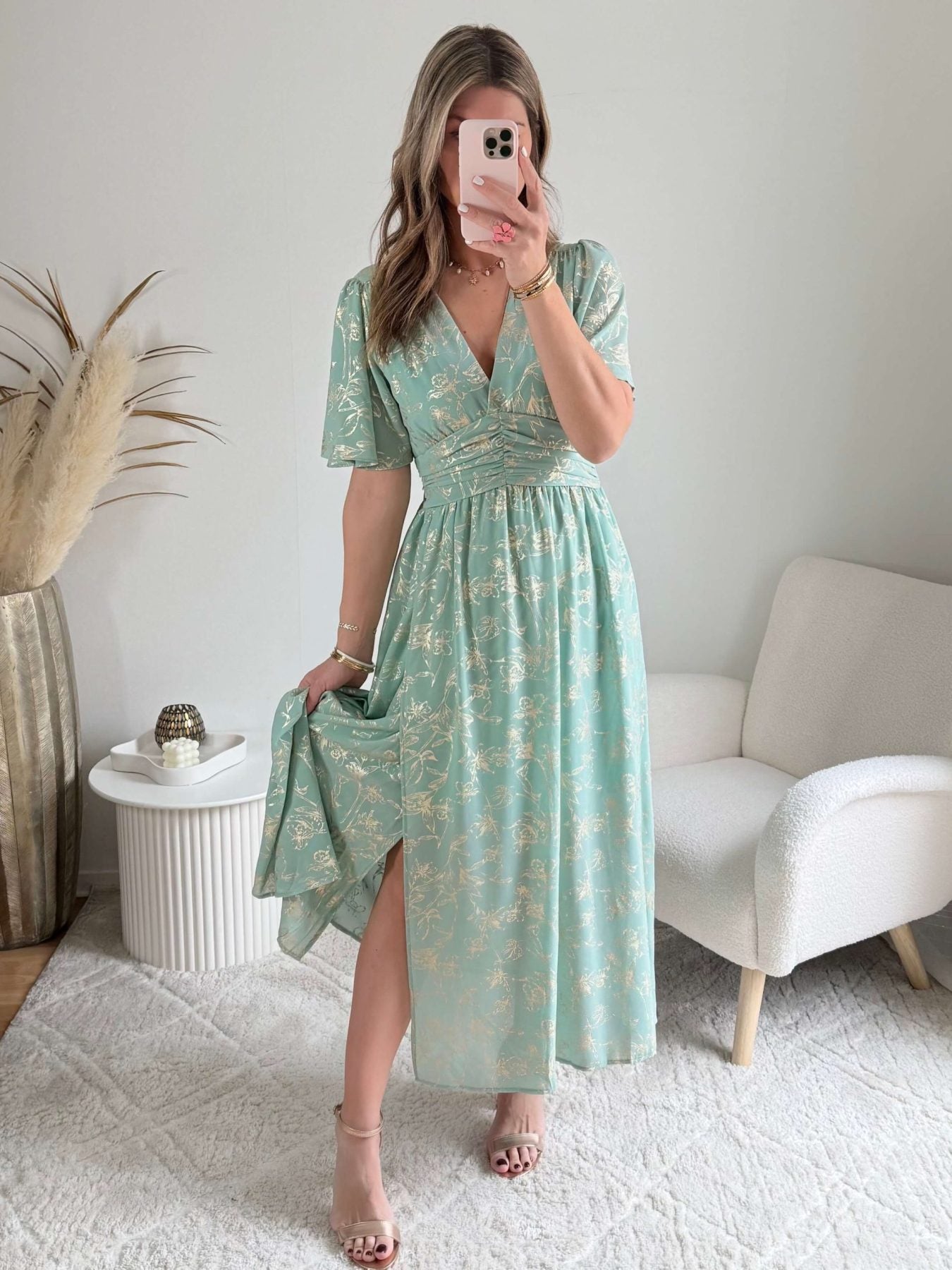 Robe vert d'eau dorée - Inès