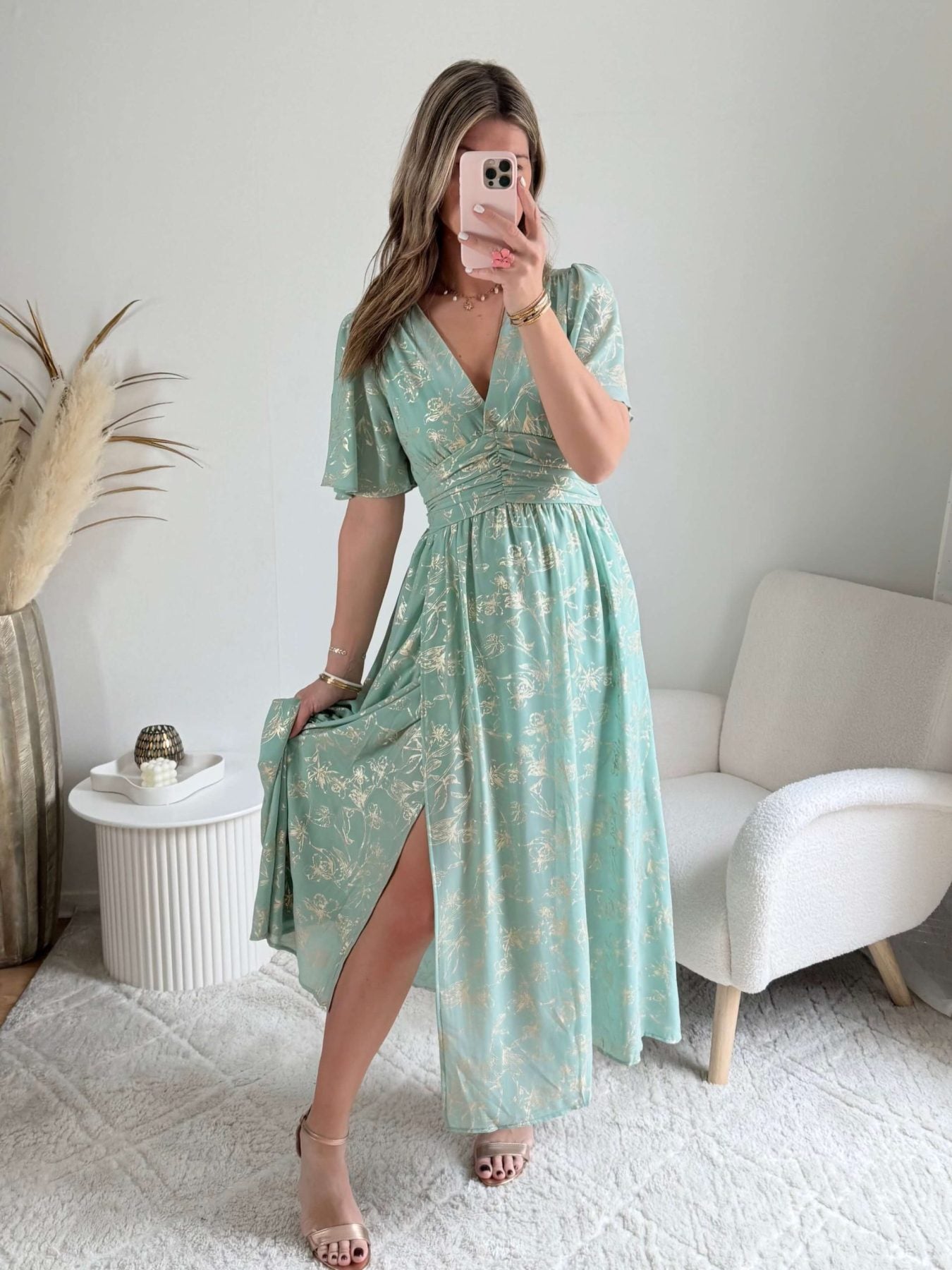 Robe vert d'eau dorée - Inès