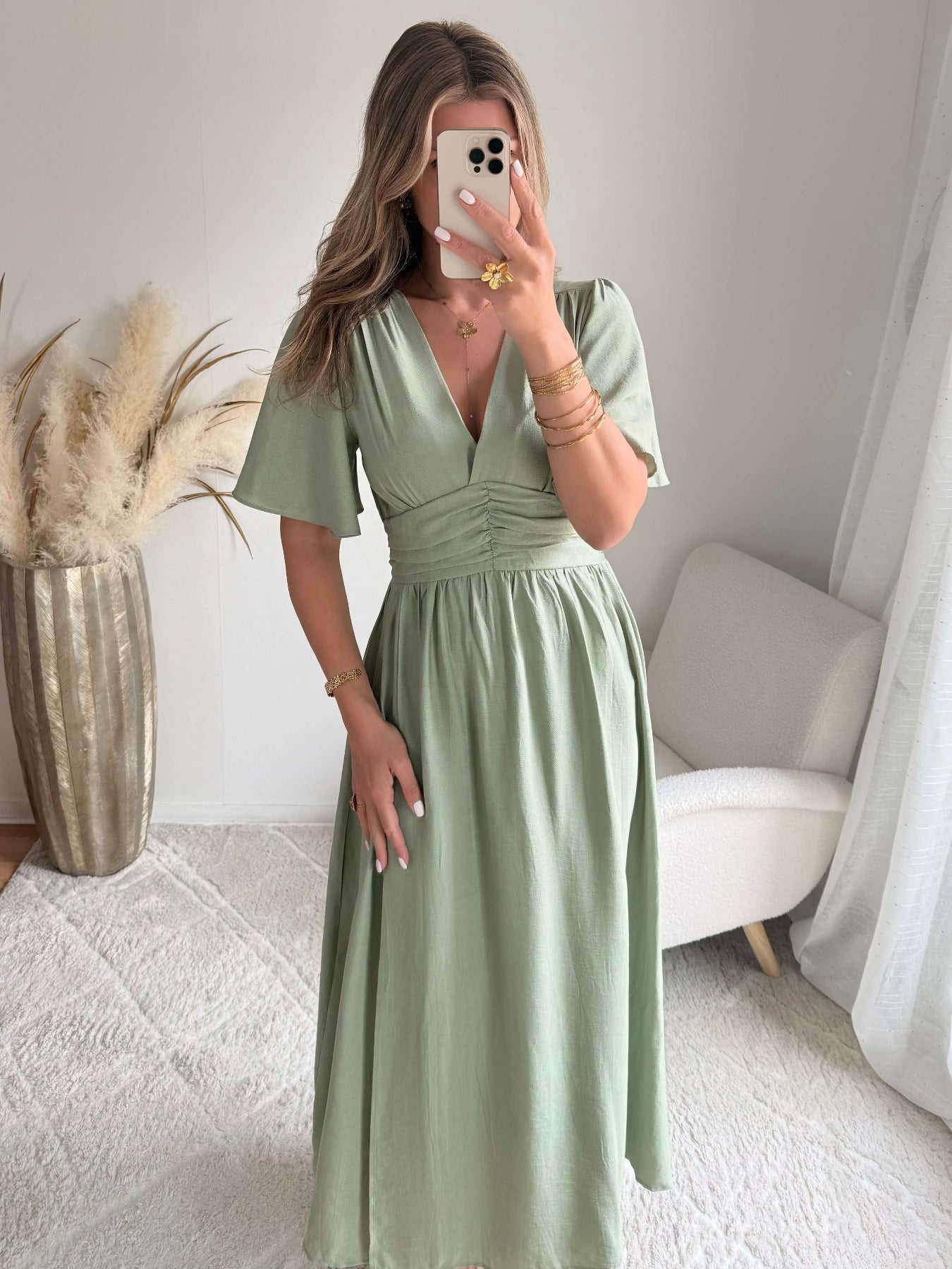Robe Diana fendue longue vert sauge bohème chic du S au 4XL - Easy Dressing
