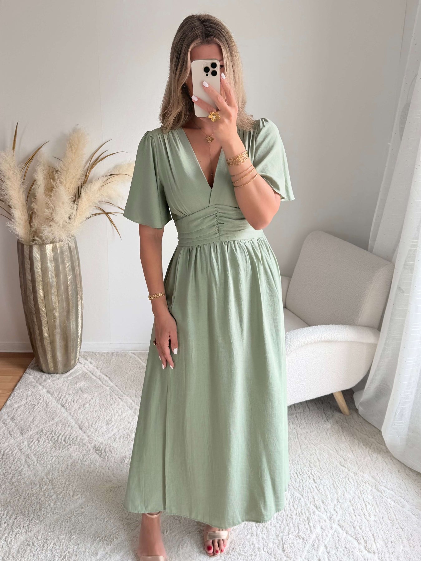 Robe Diana fendue longue vert sauge bohème chic du S au 4XL - Easy Dressing
