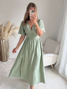 Robe Diana fendue longue vert sauge bohème chic du S au 4XL - Easy Dressing