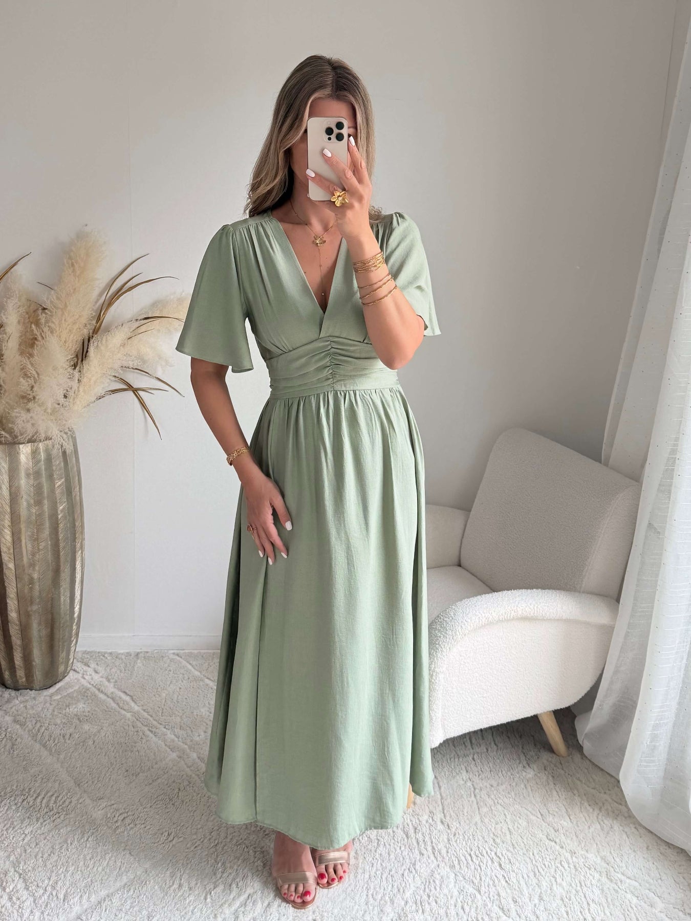 Robe Diana fendue longue vert sauge bohème chic du S au 4XL - Easy Dressing