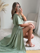 Robe Diana fendue longue vert sauge bohème chic du S au 4XL - Easy Dressing