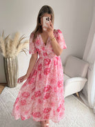 Robe longue fleurie rose Elora coupe fluide du S au 4XL