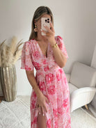 Robe longue fleurie rose Elora coupe fluide du S au 4XL