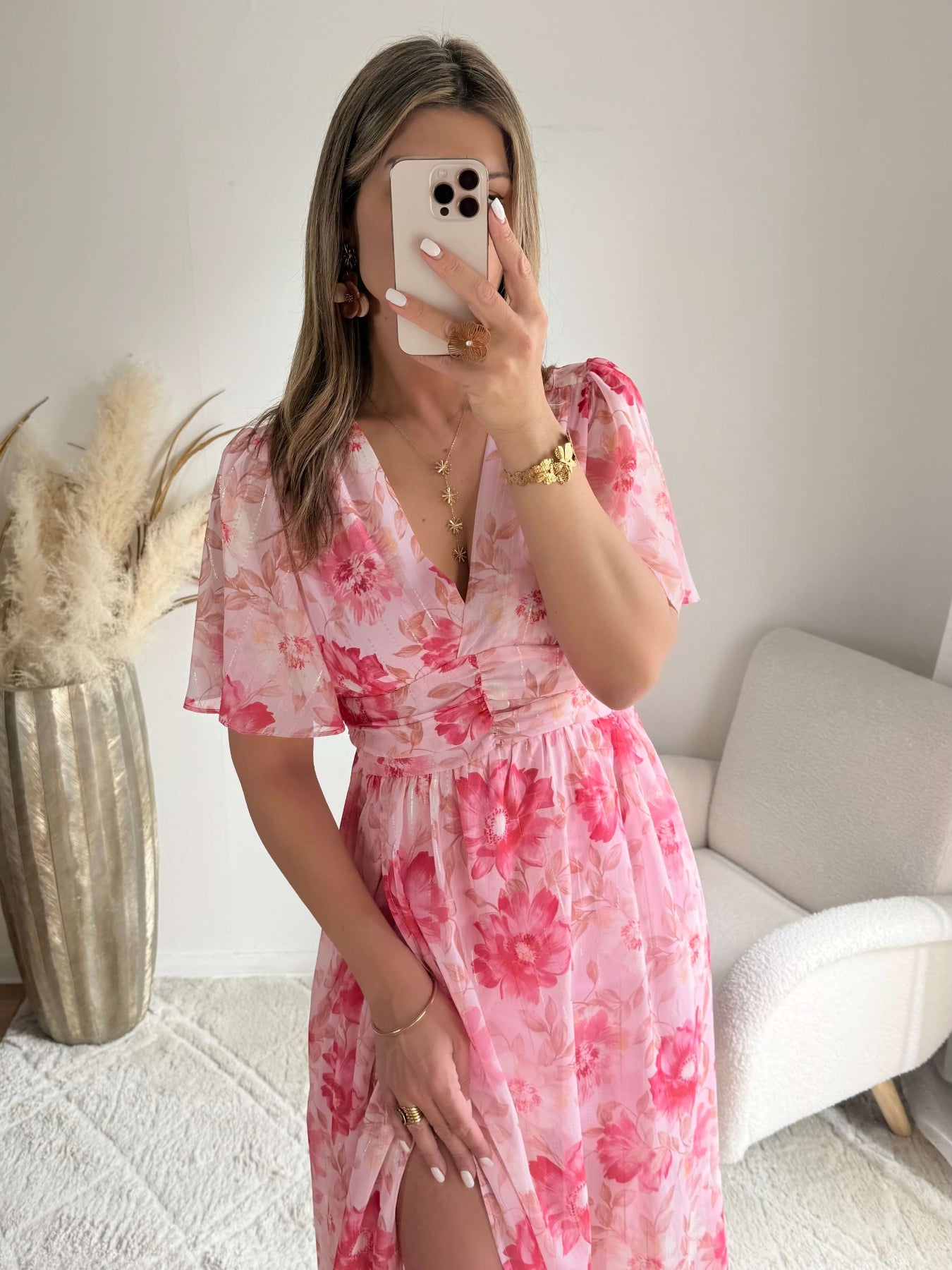 Robe longue fleurie rose Elora coupe fluide du S au 4XL