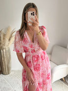 Robe longue fleurie rose Elora coupe fluide du S au 4XL