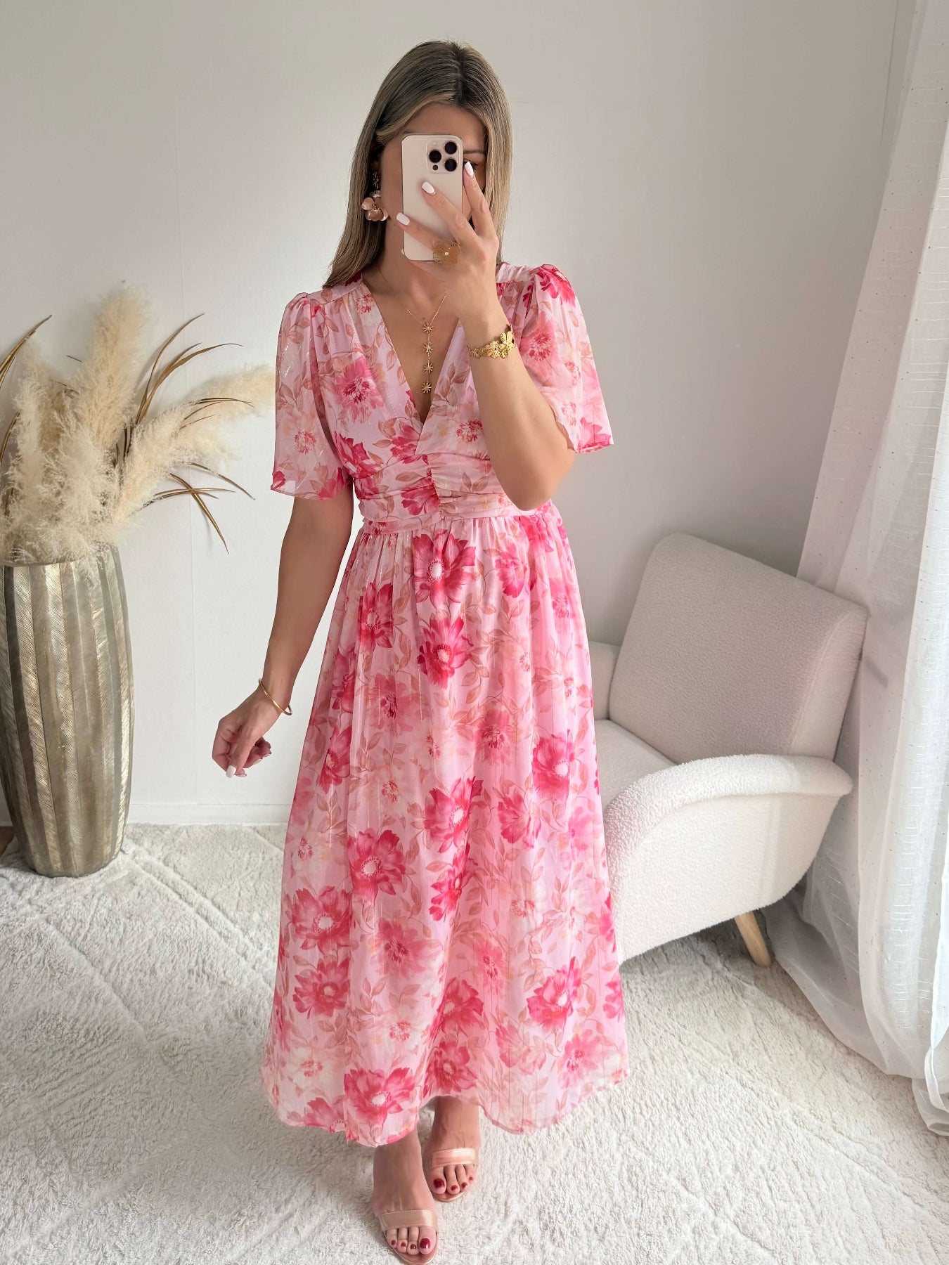 Robe longue fleurie rose Elora coupe fluide du S au 4XL