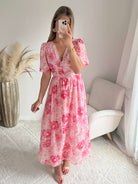 Robe longue fleurie rose Elora coupe fluide du S au 4XL