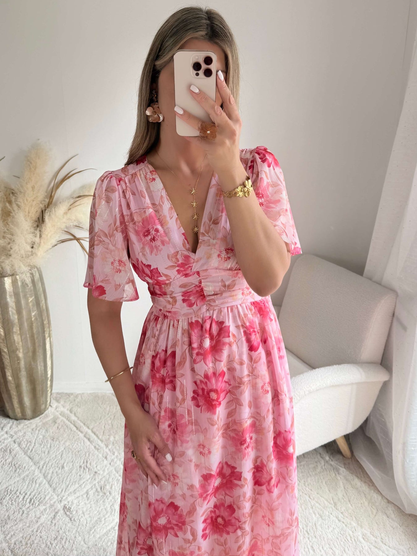 Robe longue fleurie rose Elora coupe fluide du S au 4XL