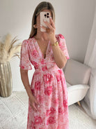 Robe longue fleurie rose Elora coupe fluide du S au 4XL