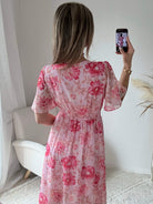 Robe longue fleurie rose Elora coupe fluide du S au 4XL