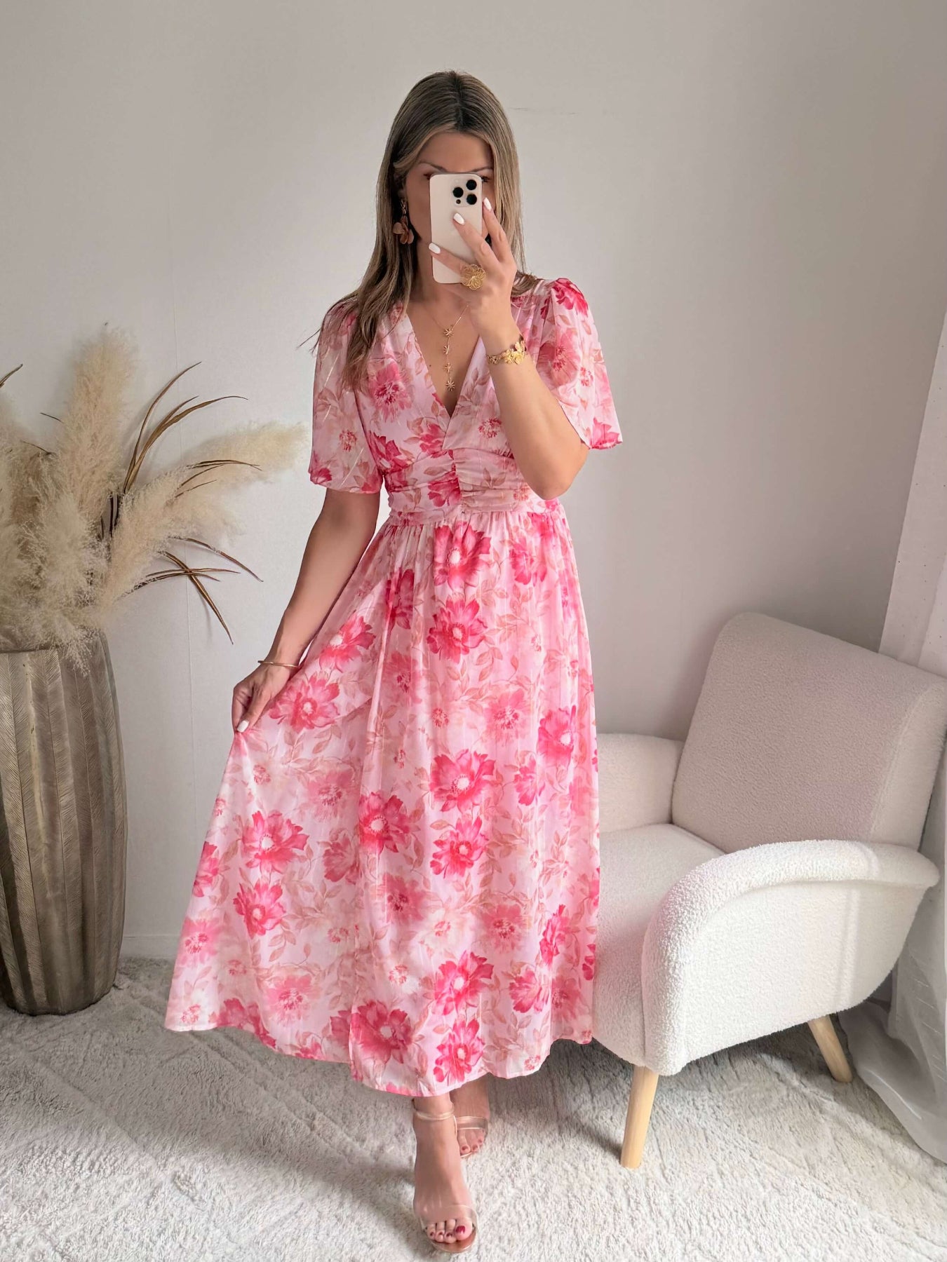 Robe longue fleurie rose Elora coupe fluide du S au 4XL