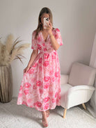 Robe longue fleurie rose Elora coupe fluide du S au 4XL
