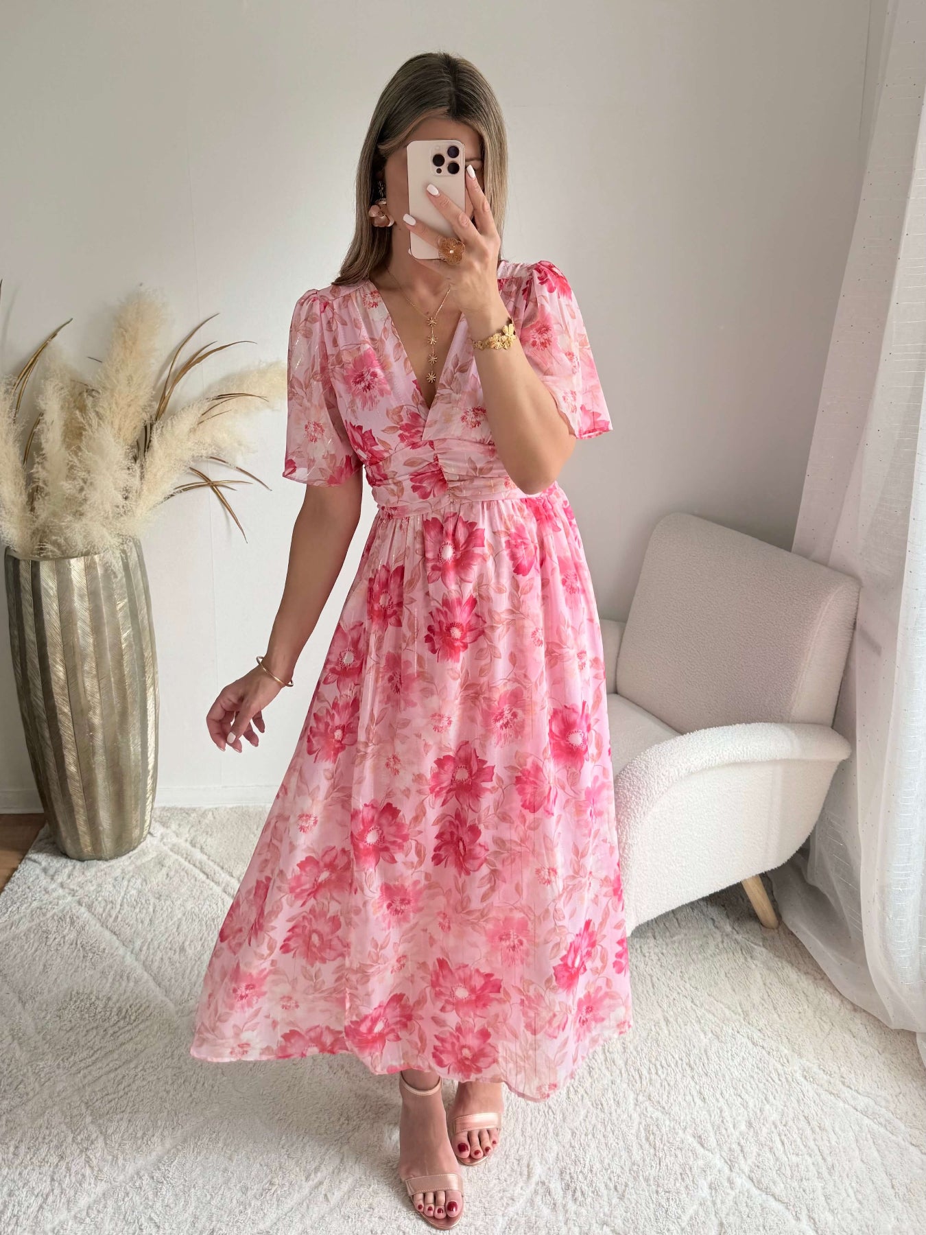 Robe longue fleurie rose Elora coupe fluide du S au 4XL