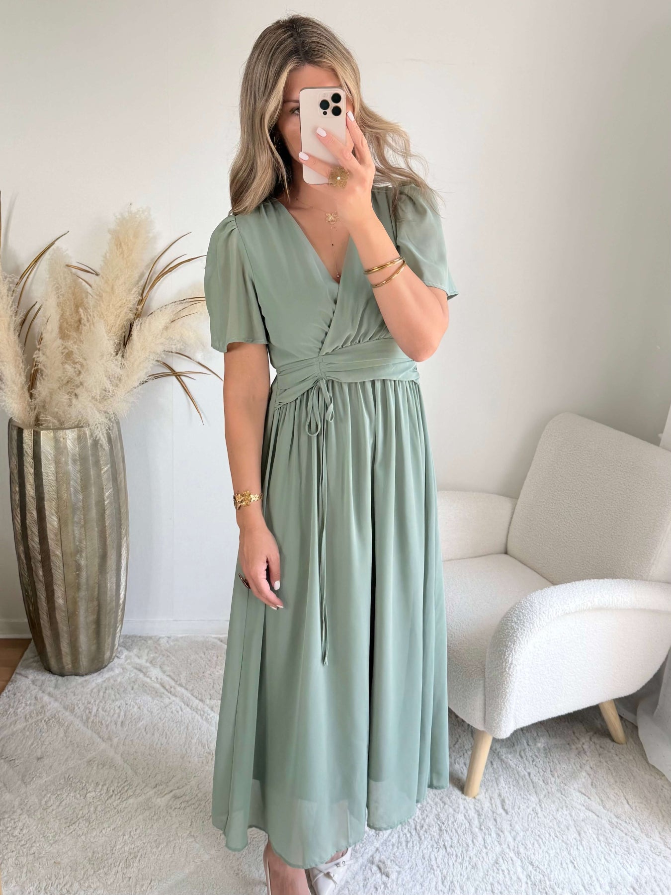 Robe Clara vert sauge longue fluide avec manches légères du SM au 4XL