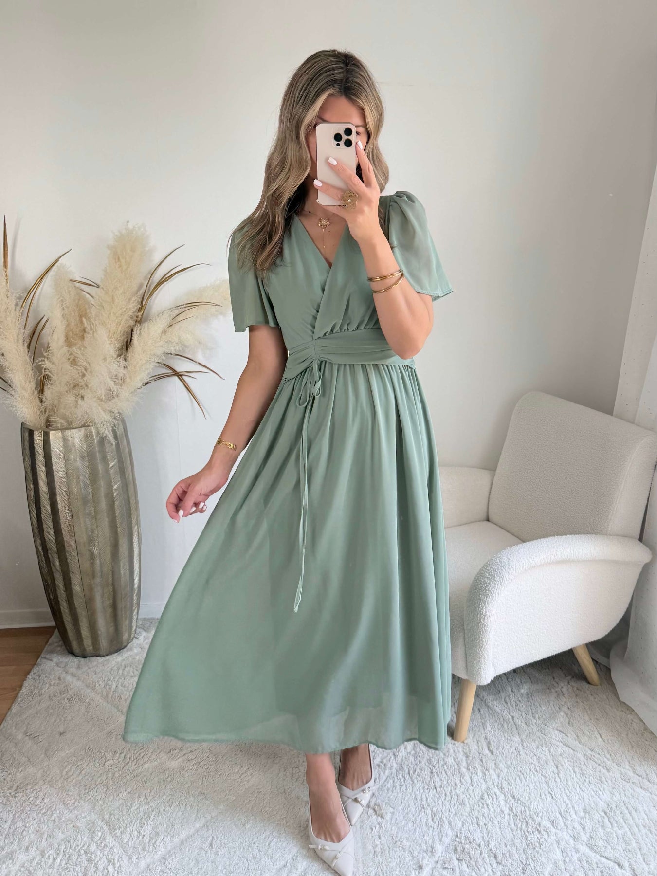 Robe Clara vert sauge longue fluide avec manches légères du SM au 4XL
