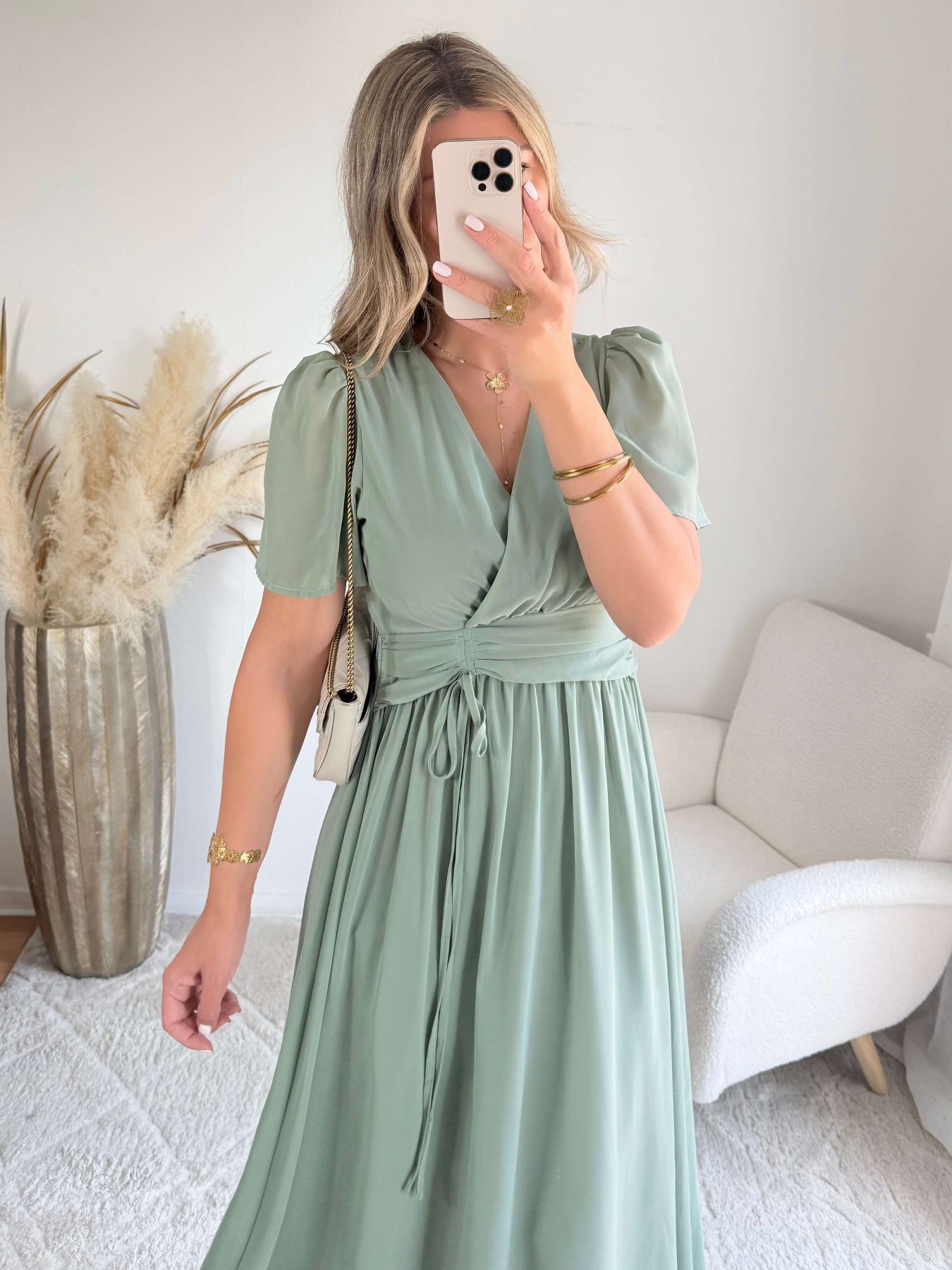 Robe Clara vert sauge longue fluide avec manches légères du SM au 4XL