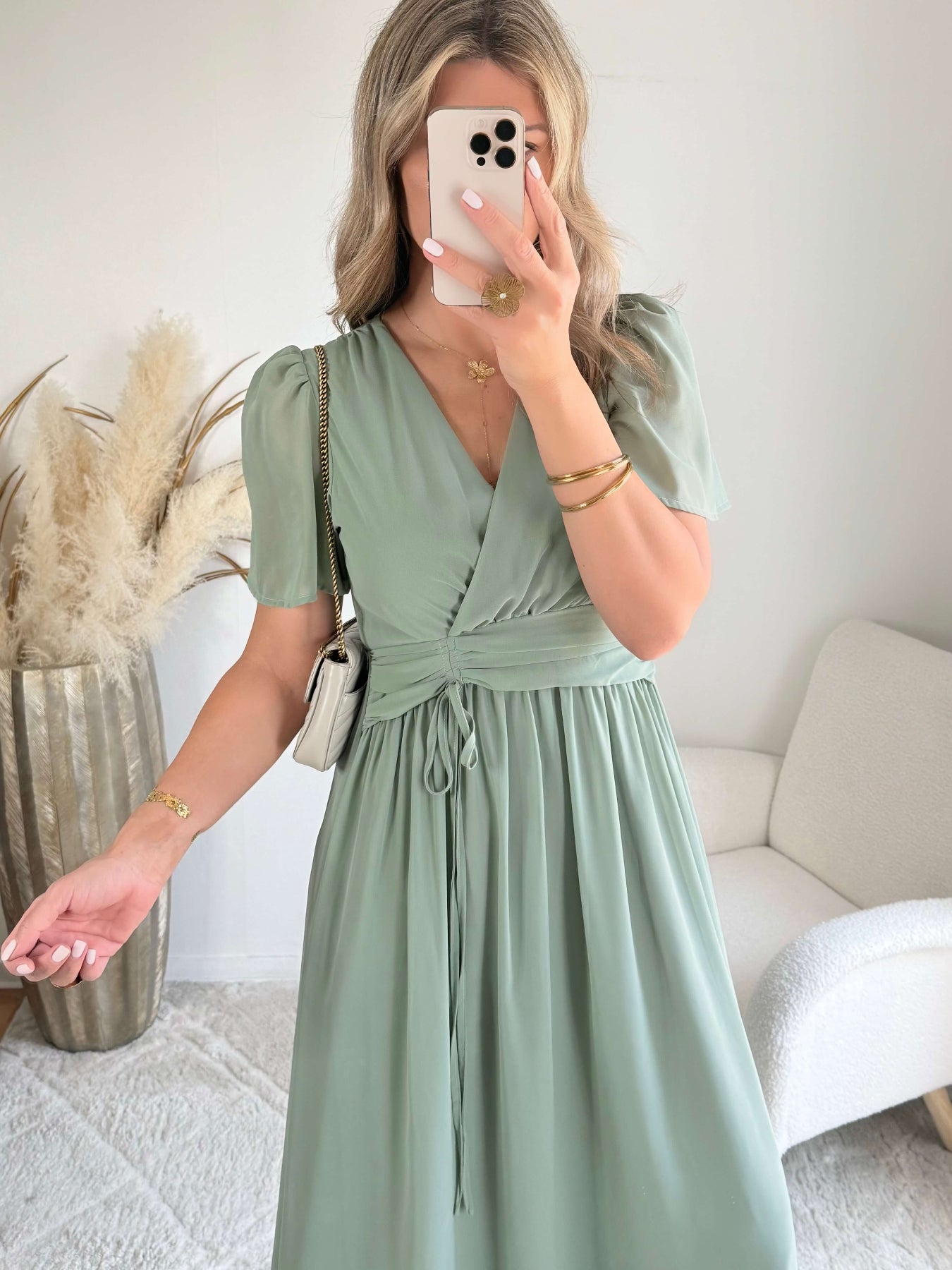 Robe Clara vert sauge longue fluide avec manches légères du SM au 4XL