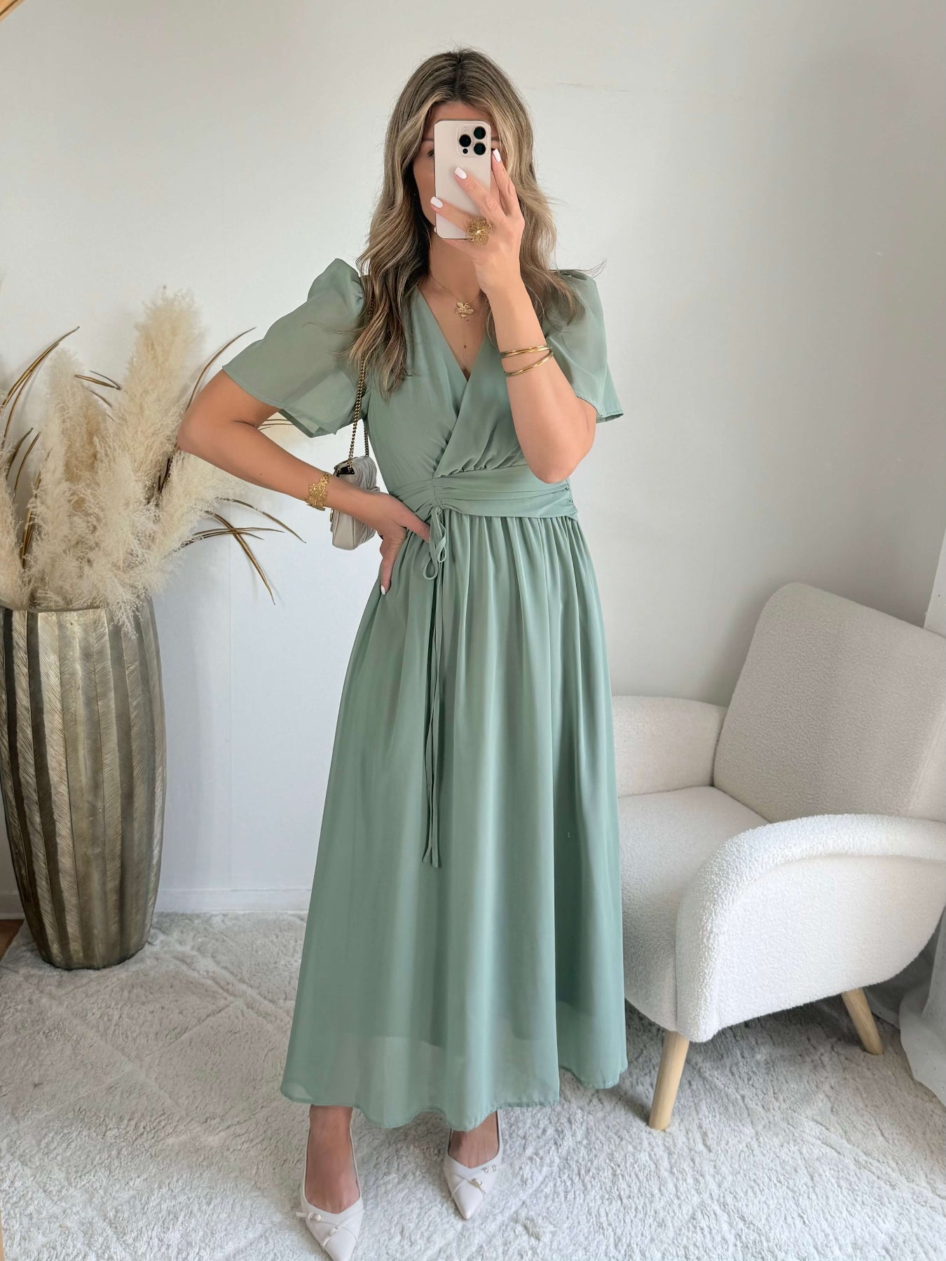 Robe Clara vert sauge longue fluide avec manches légères du SM au 4XL