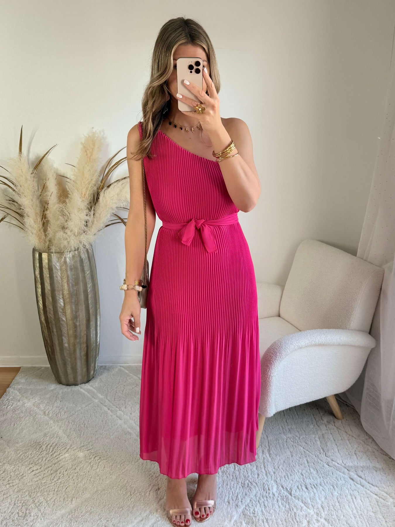 Robe midi plissée fuchsia une épaule avec ceinture robe fluide élégante femme taille unique cérémonie été