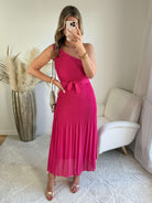 Robe midi plissée fuchsia une épaule avec ceinture robe fluide élégante femme taille unique cérémonie été