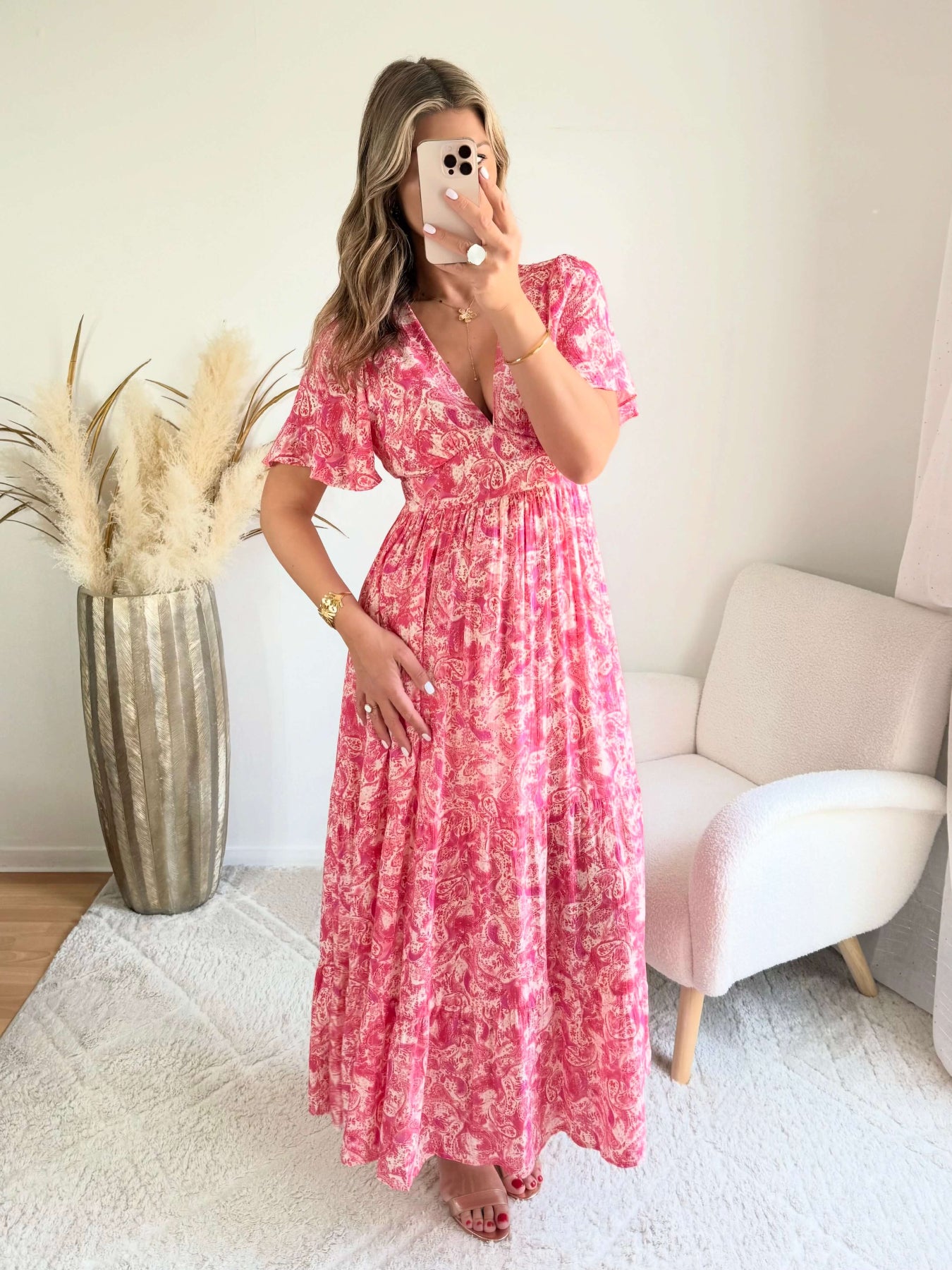 Robe longue fuchsia - Lyana du S au 4XL manches fluides et décolleté croisé