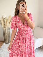 Robe longue fuchsia - Lyana du S au 4XL manches fluides et décolleté croisé