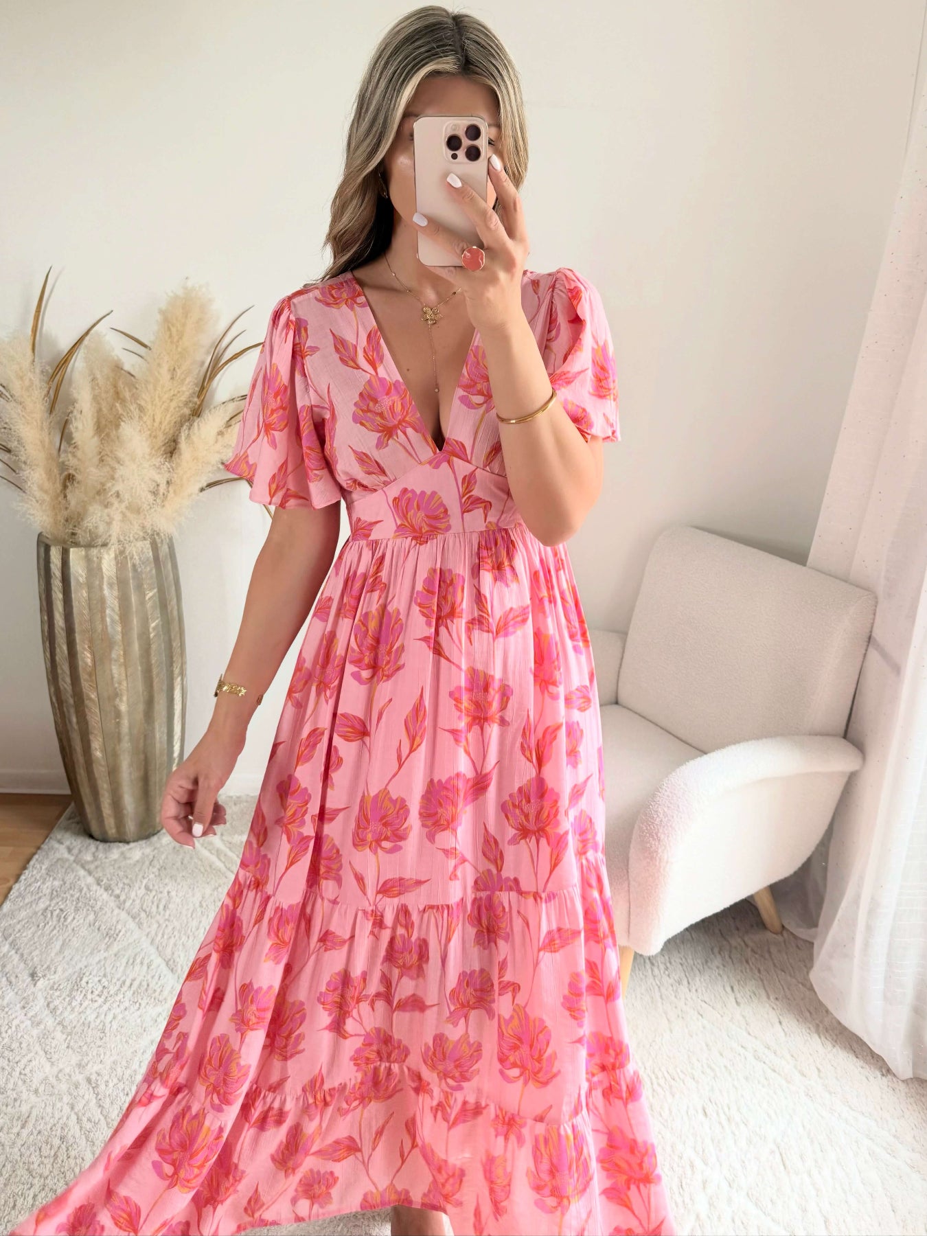 Robe longue fleurie rose - Anaelle du S au 4XL dos en V