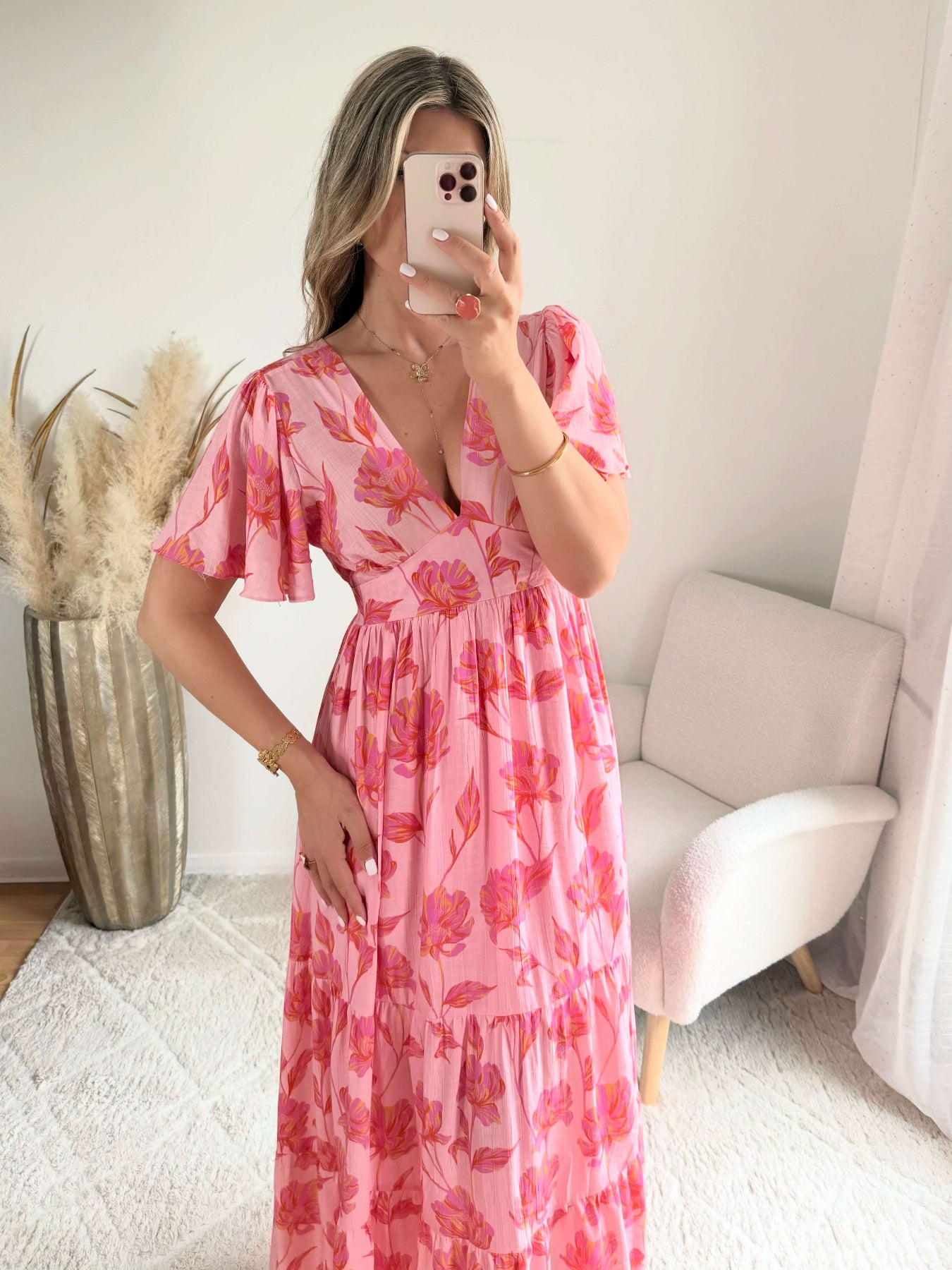 Robe longue fleurie rose - Anaelle du S au 4XL dos en V