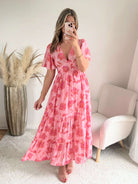 Robe longue fleurie rose - Anaelle du S au 4XL dos en V