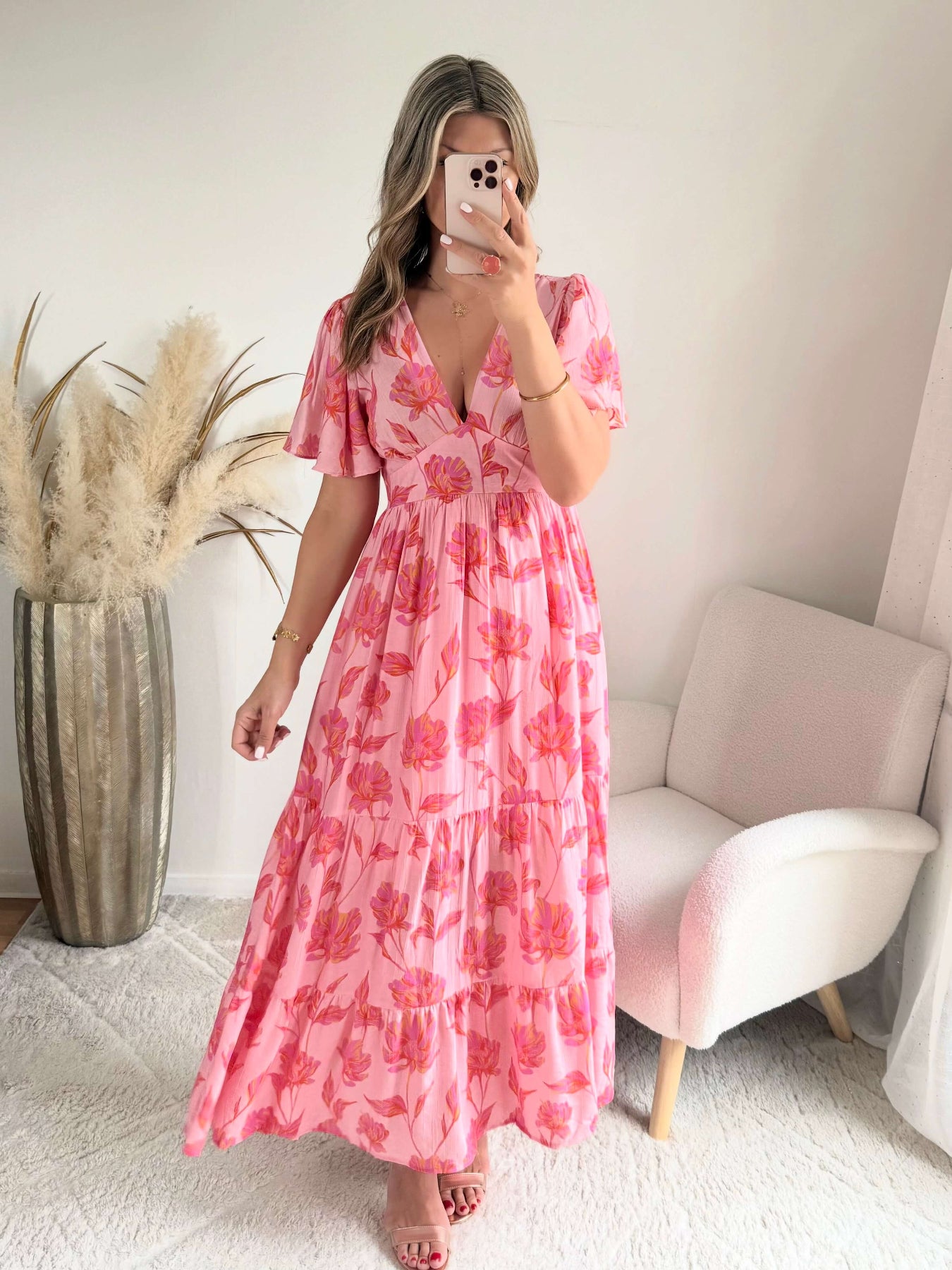 Robe longue fleurie rose - Anaelle du S au 4XL dos en V
