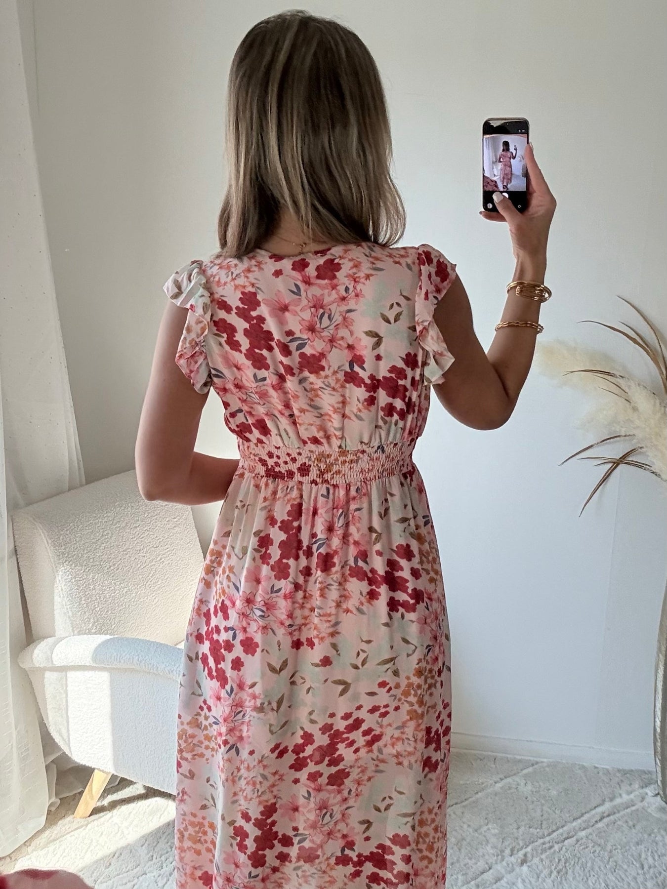 Robe longue fluide imprimée rose Avery décolleté V taille marquée Easy Dressing