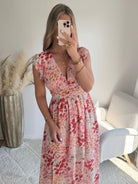 Robe longue fluide imprimée rose Avery décolleté V taille marquée Easy Dressing