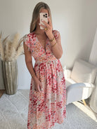 Robe longue fluide imprimée rose Avery décolleté V taille marquée Easy Dressing