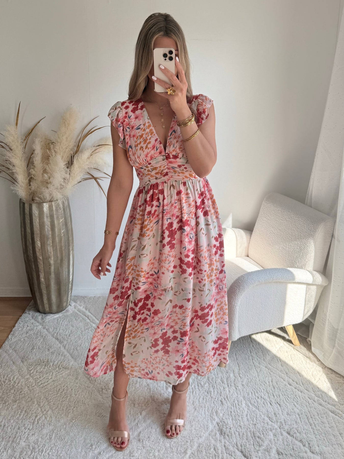 Robe longue fluide imprimée rose Avery décolleté V taille marquée Easy Dressing