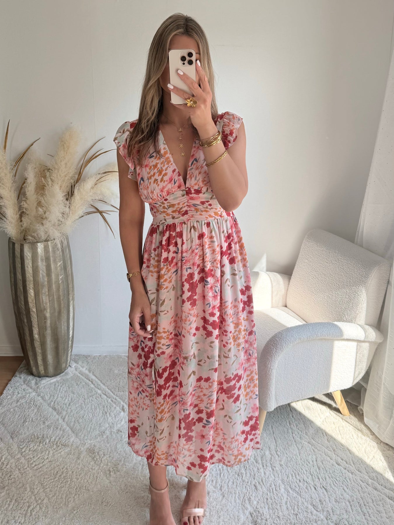 Robe longue fluide imprimée rose Avery décolleté V taille marquée Easy Dressing