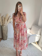 Robe longue fluide imprimée rose Avery décolleté V taille marquée Easy Dressing